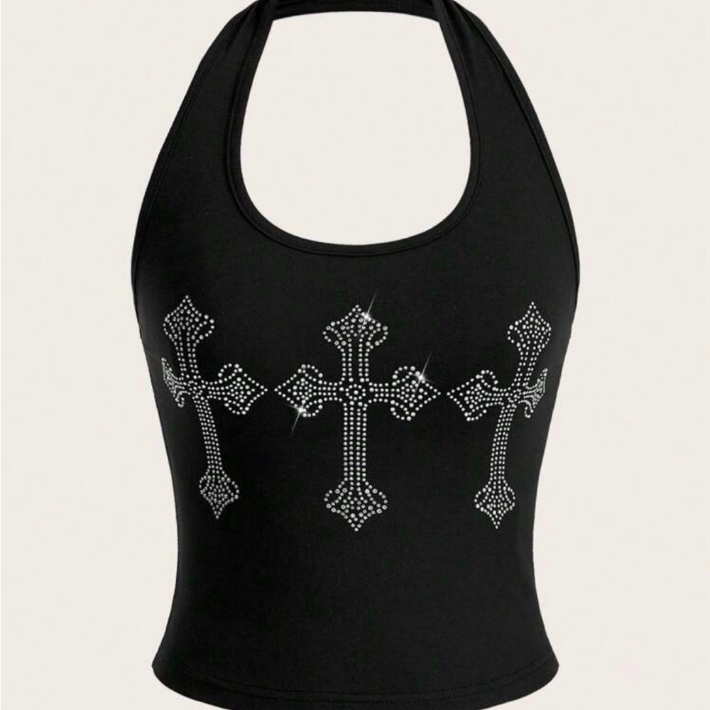 Black Halter Tank Top with Rhinestone Cross Accents